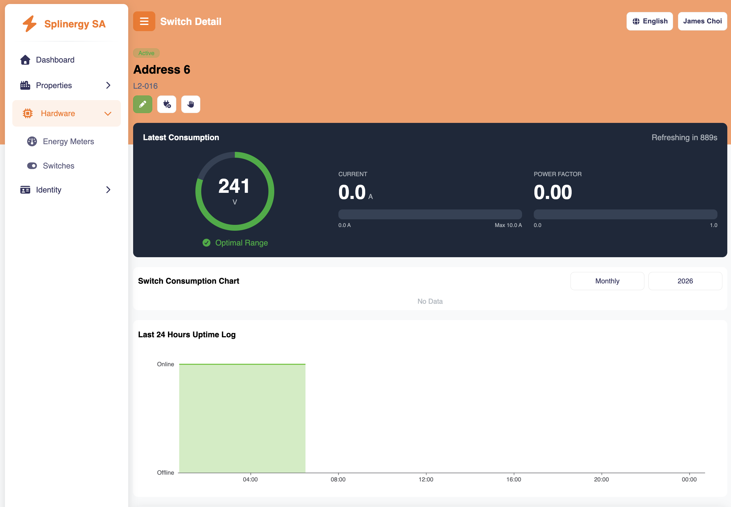 Switch detail page with live 241V circular voltage gauge, current and power factor readings, switch consumption chart and 24-hour uptime log